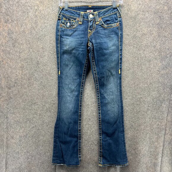 True Religion Jeans Women 24 Dark Blue Denim Skinny Stone Wash USA Boot Cut Vtg - Picture 1 of 12